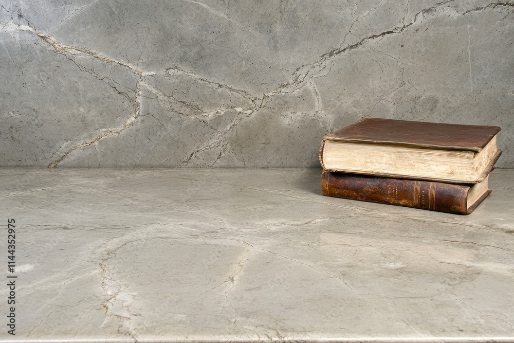 Two antique books on marble surface. Two antique books on marble surface.