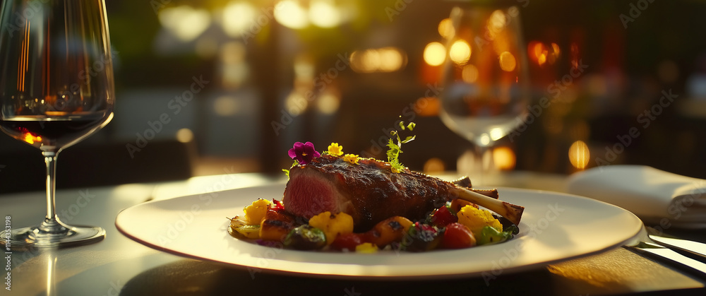 Fine Dining Rack Of Lamb With Wine And Evening Ambiance Fine Dining Rack Of Lamb With Wine And Evening Ambiance