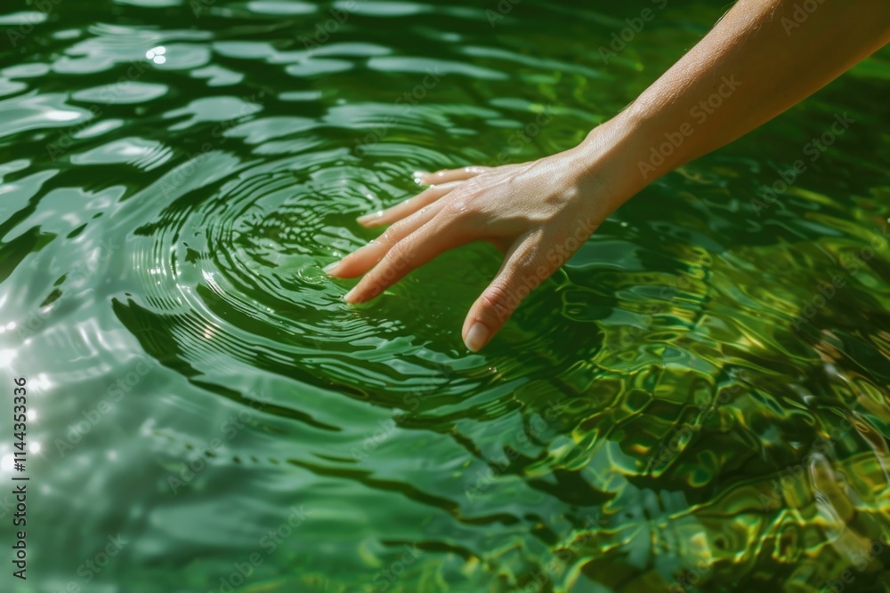 Hand gently touching the water's surface, creating a ripple. This scene is tranquil and serene, often used to represent calmness or meditation. Hand gently touching the water's surface, creating a ripple. This scene is tranquil and serene, often used to represent calmness or meditation.