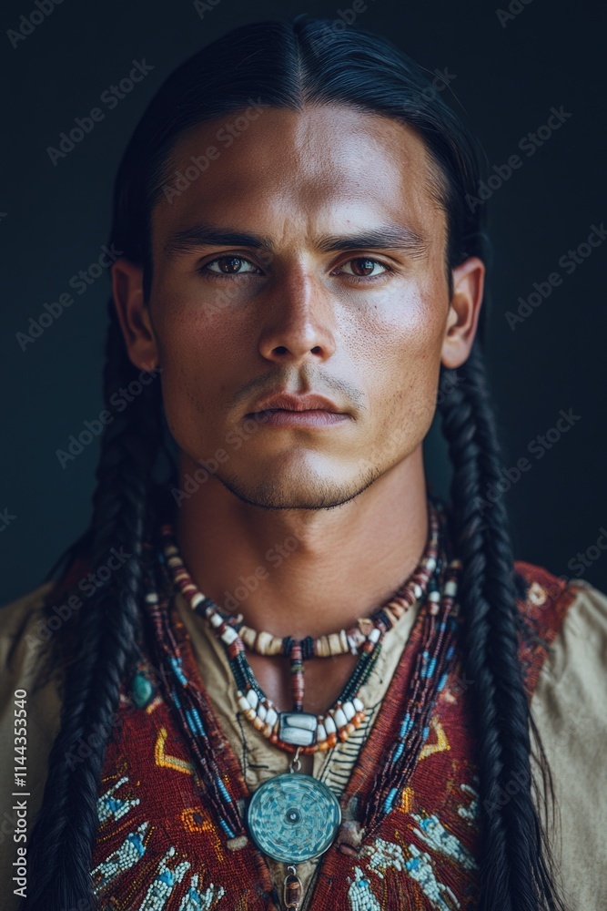 Native male with long pigtails, bone necklace and beads looking into the distance. Native male with long pigtails, bone necklace and beads looking into the distance.