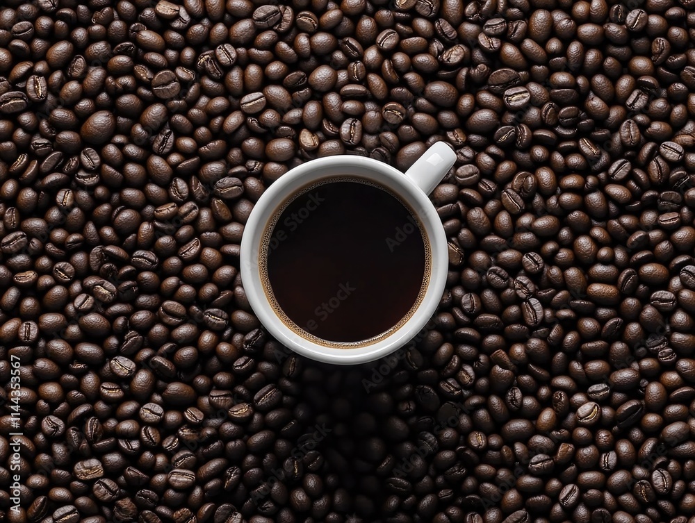 Espresso cup with foamy coffee in front of a pile of fresh roasted coffee beans. Espresso cup with foamy coffee in front of a pile of fresh roasted coffee beans.