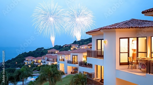 A stunning resort scene featuring fireworks illuminating the evening sky  overlooking beautifully designed villas by the water.