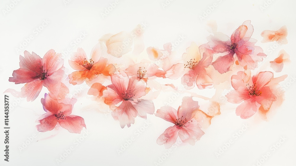 Delicate Watercolor Pink Blossom Arrangement on White Background Delicate Watercolor Pink Blossom Arrangement on White Background