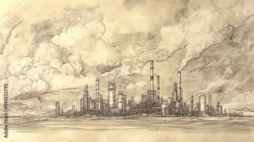 Industrial Complex Emits Plumes Of Smoke Into Cloudy Sky