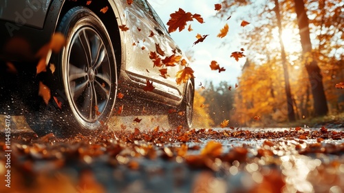 A car drives through fallen autumn leaves on a wet road, capturing the dynamic motion and vibrant colors of the season under the golden sunlight.