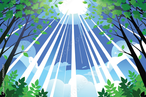 Lush green forest canopy, dense foliage, sunlight dappling through leaves, hidden animal den visible, vibrant ecosystem.
