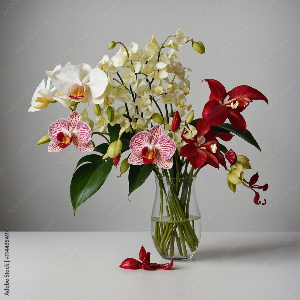 Obraz premium A stunning bouquet of orchids and anthuriums on a sleek white background.