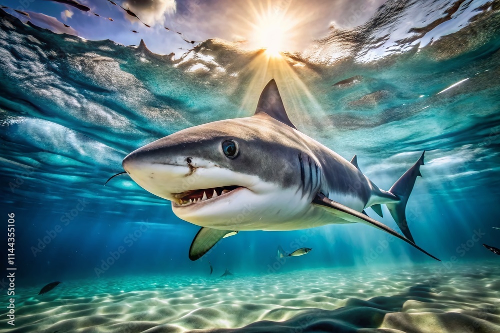 Obraz premium Great White Shark Underwater Photo, Ocean Wildlife Photography, Candid Shark Pictures, Marine Life Images, Shark Close Up