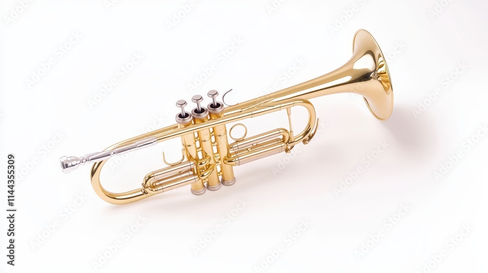Obraz premium A shiny, golden trumpet rests elegantly, showcasing its polished surface and intricate valves, embodying the essence of musical craftsmanship.