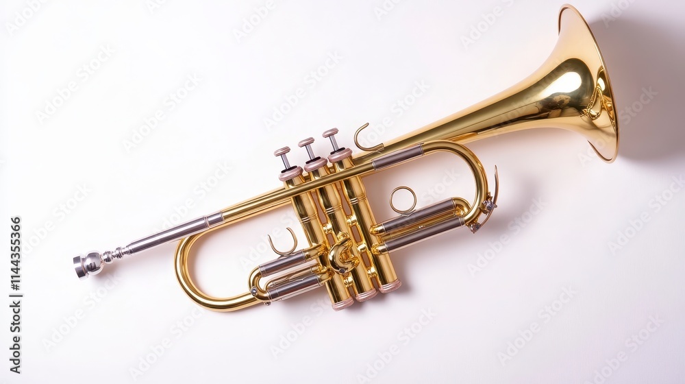 Obraz premium A shiny brass trumpet, elegantly designed, rests on a light surface, showcasing its valves and bell.