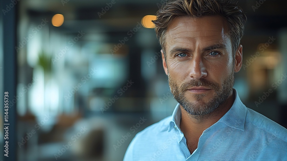 Focused and Determined Businessman Holding Tablet in Modern Office Setting Focused and Determined Businessman Holding Tablet in Modern Office Setting
