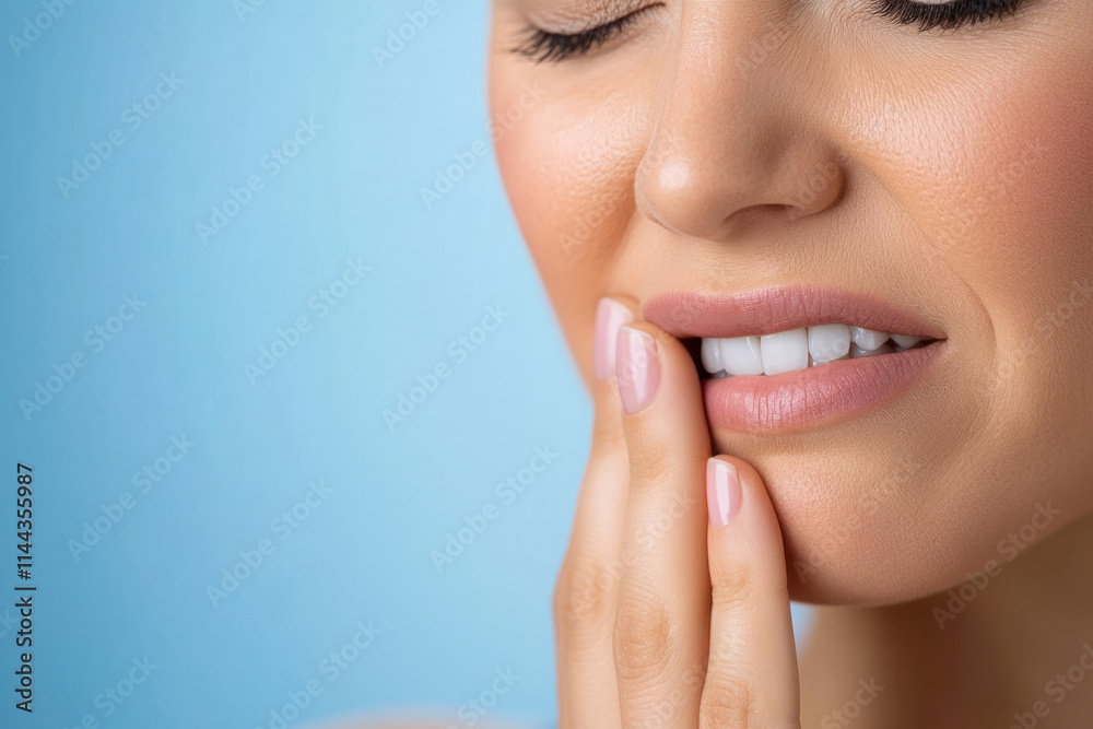 Obraz premium Woman experiencing dental discomfort with a soft blue background during a close-up moment of concern