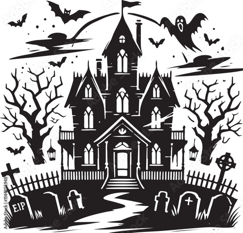 Haunted House Silhouette Vector Illustration Icon - Spooky Halloween Graphic