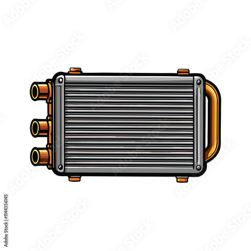 Photograph of a large, ribbed cast iron radiator, showing intricate detail of its cooling fins. Focus on texture and metallic sheen.