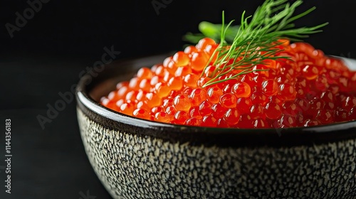 Close-up of bright red caviar in a textured ceramic bowl, with a garnish of fresh dill against a black background