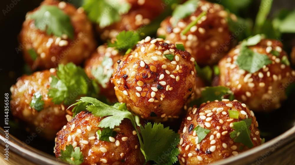 Close-up of crunchy tofu bites garnished with cilantro and sesame seeds, served hot and fresh Close-up of crunchy tofu bites garnished with cilantro and sesame seeds, served hot and fresh