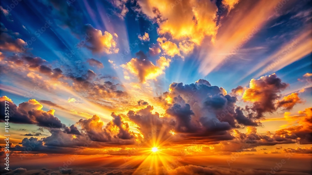 Fototapeta premium Heavenly Sunset Panorama: Glowing Sun Rays & Dramatic Cloud Formations