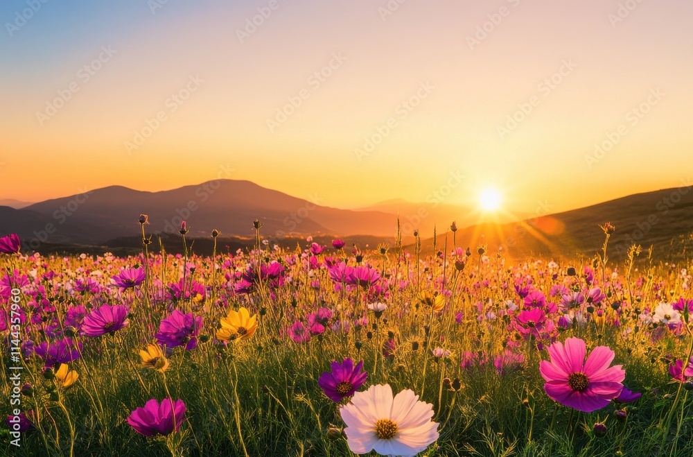Obraz premium Breathtaking Sunrise Over Vibrant Flower Field with Mountains in the Background, Showcasing Nature's Beauty and Tranquility in a Serene Countryside Landscape