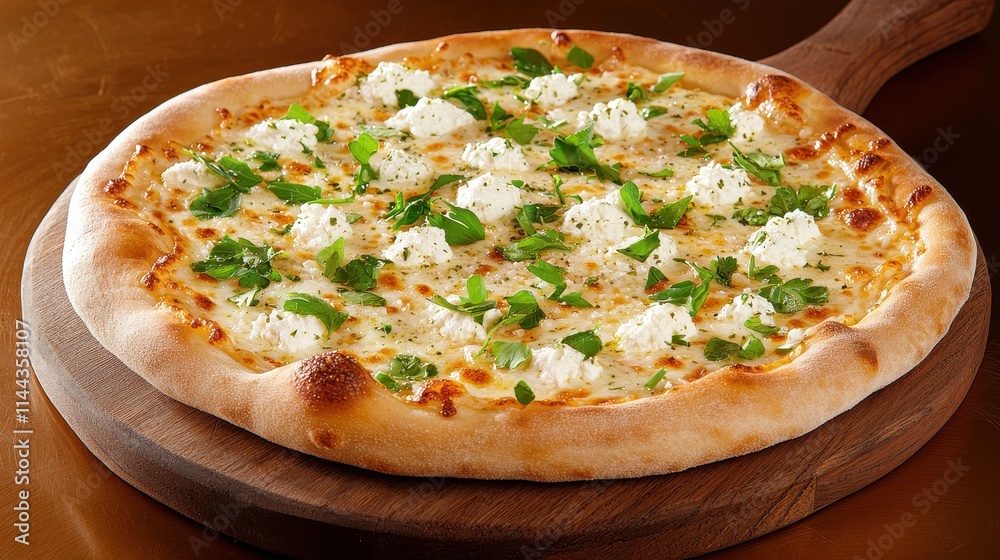 Delicious freshly baked pizza with creamy cheese and herbs on wooden board Delicious freshly baked pizza with creamy cheese and herbs on wooden board