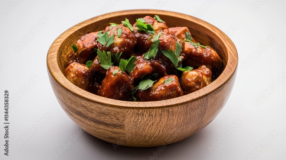 Succulent Meatballs in Tomato Sauce Topped with Fresh Parsley in Wooden Bowl Succulent Meatballs in Tomato Sauce Topped with Fresh Parsley in Wooden Bowl