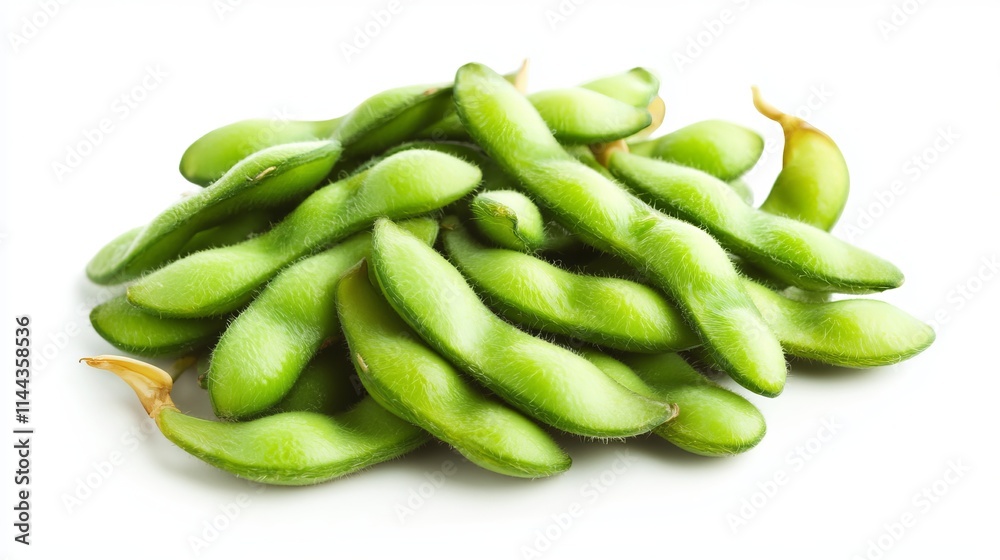 Edamame: A handful of bright green, fresh edamame beans in their pods, isolated on a white background. Edamame: A handful of bright green, fresh edamame beans in their pods, isolated on a white background.