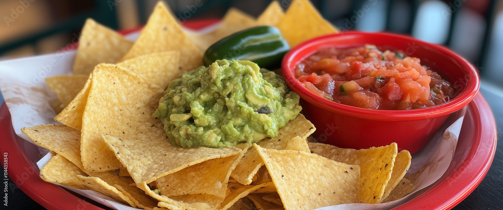 Tortilla Chips Guacamole Salsa and Jalapeño In Festive Red Dish Tortilla Chips Guacamole Salsa and Jalapeño In Festive Red Dish