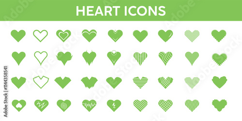Set of green heart icons. Collection of red heart icons in multiple styles and designs.