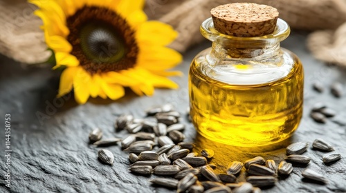 Close-up of sunflower oil in a clear bottle with seeds scattered on a textured surface