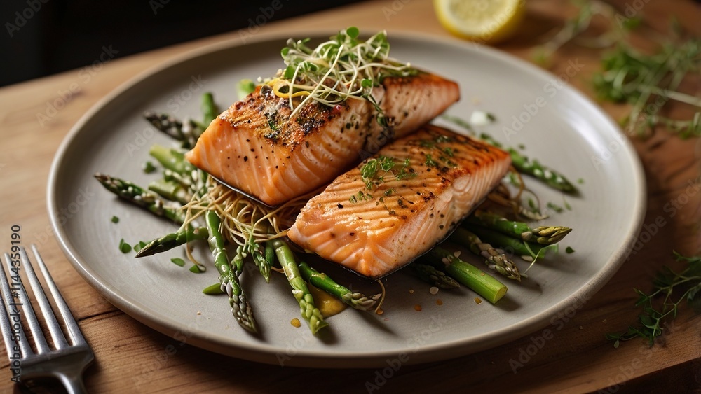 A beautifully arranged gourmet dish on a rustic wooden table, featuring grilled salmon with a golden crust, fresh asparagus, and a drizzle of lemon butter sauce,generative ai A beautifully arranged gourmet dish on a rustic wooden table, featuring grilled salmon with a golden crust, fresh asparagus, and a drizzle of lemon butter sauce,generative ai