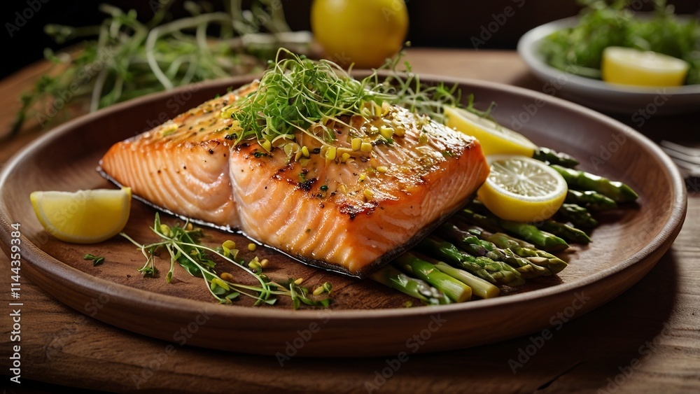 A beautifully arranged gourmet dish on a rustic wooden table, featuring grilled salmon with a golden crust, fresh asparagus, and a drizzle of lemon butter sauce,generative ai A beautifully arranged gourmet dish on a rustic wooden table, featuring grilled salmon with a golden crust, fresh asparagus, and a drizzle of lemon butter sauce,generative ai