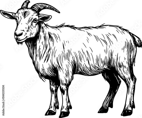 A detailed black and white illustration of a goat, showcasing its distinct features and rural charm.