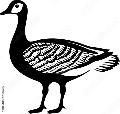 Stylized black and white illustration of a goose, showcasing intricate feather details and a unique design.