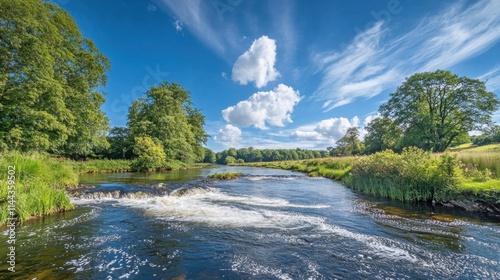 A river with a clear blue sky above it. The water is calm and the grass is green
