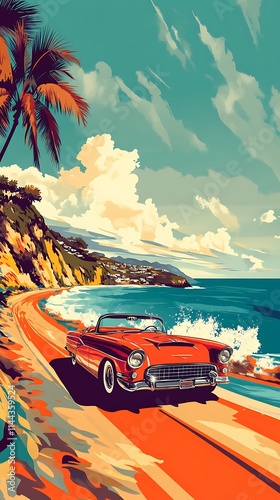 Playful pop art illustration of a retro car cruising along a scenic route, with vintage charm and adventurous spirit  photo