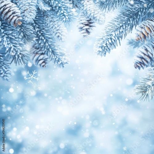 Delicate Frosted Evergreen Branches with Soft Snowfall Against a Dreamy Blue Background, Perfect for Winter-Themed Designs and Holiday Celebrations