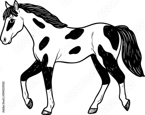 A stylized black and white sketch of a horse, showcasing its unique pinto markings and playful character.