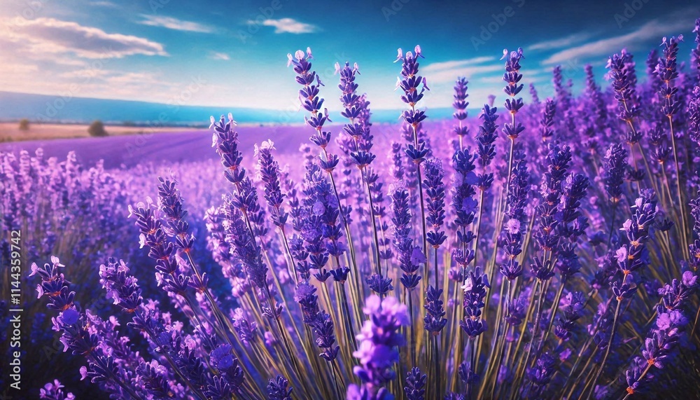 Naklejka premium Vibrant Lavender Field in Full Bloom Under a Clear Blue Sky