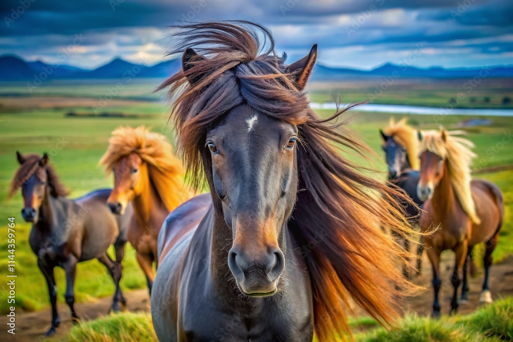 Obraz premium Icelandic Horses, Black Stallion, Blue Eyes, Windswept Mane, Plains, Wildlife Photography
