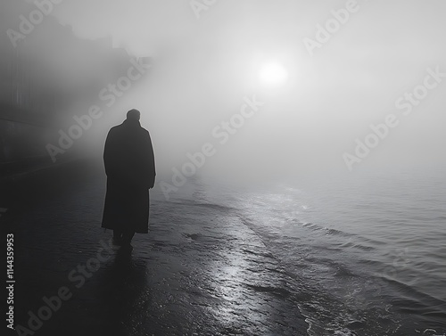 Serene, monochrome photograph of a solitary figure walking on a foggy beach, atmospheric, solitude, introspection, contemplation :: ethereal ambiance, introspective beauty, visual tranquility  photo