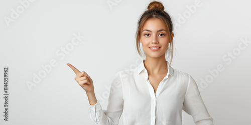 Woman isolated on white pointing finger side showing blank space for your special offer photo