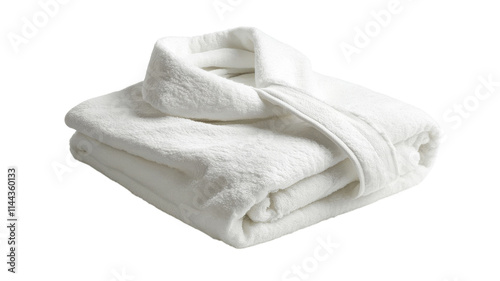 A Neatly Folded White Bathrobe on a White Background Ideal for Spa and Relaxation Themes in Marketing.