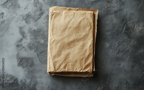 Overhead view of crumpled brown paper package on a gray textured surface.