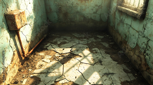 Derelict room with cracked walls, floor, and exposed pipes. photo