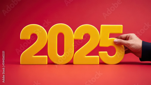 Hand Arranging Yellow 2025 Numbers Against a Red Background for New Year