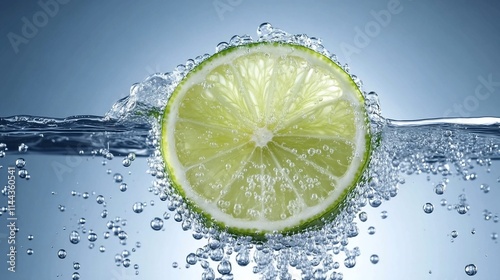 Lime slice submerged in water with bubbles.