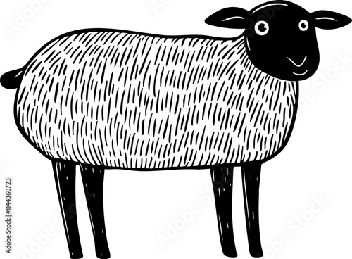 A cute, hand-drawn black and white illustration of a sheep, showcasing its woolly texture and playful expression.