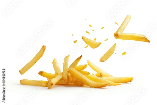 Falling french potato fries isolated on white background