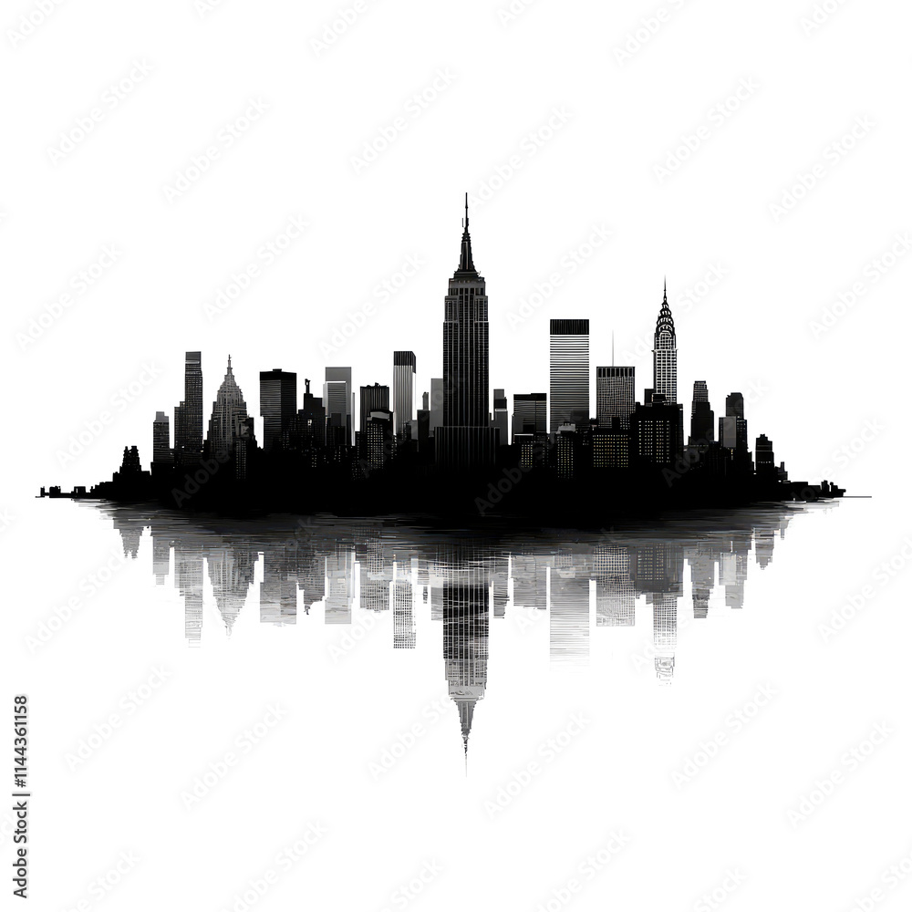 Obraz premium Black and white city skyline reflected in water.