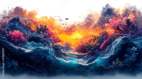 Whimsical poly t-shirt design showcasing a whimsical underwater world with mermaids, sea creatures, and coral reefs, invoking a sense of aquatic wonder ::2 mystical allure, vibrant marine life, 