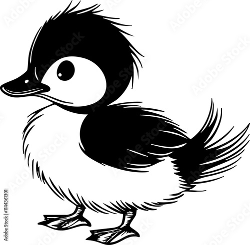 A cute cartoon-style illustration of a baby duck with fluffy feathers and a playful expression.